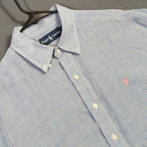 Ralph Lauren Shirt Mens L Blue Gingham Check Linen Cotton Short Sleeve Button Up